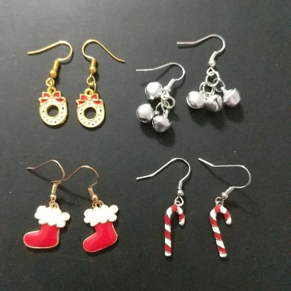 Set of 4 Holiday Christmas Earrings - Wreath, Jingle Bells, Stocking, Candy Cane